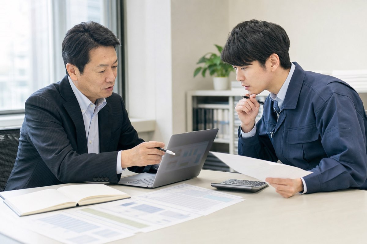 京都の中小企業がAI導入補助金の申請書類を確認しながら相談する様子