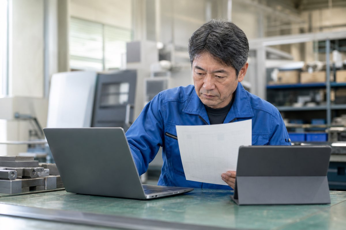 京都の中小工場でAI導入後、紙の帳票とPCを使って業務を進める現場担当者