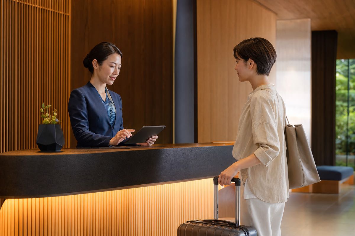 京都の宿泊施設フロントでタブレットを使い予約対応をするスタッフの様子
