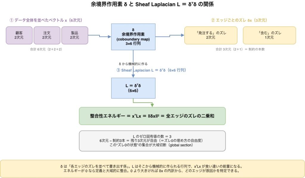 余境界作用素 δ と Sheaf Laplacian L = δ^T × δ の関係