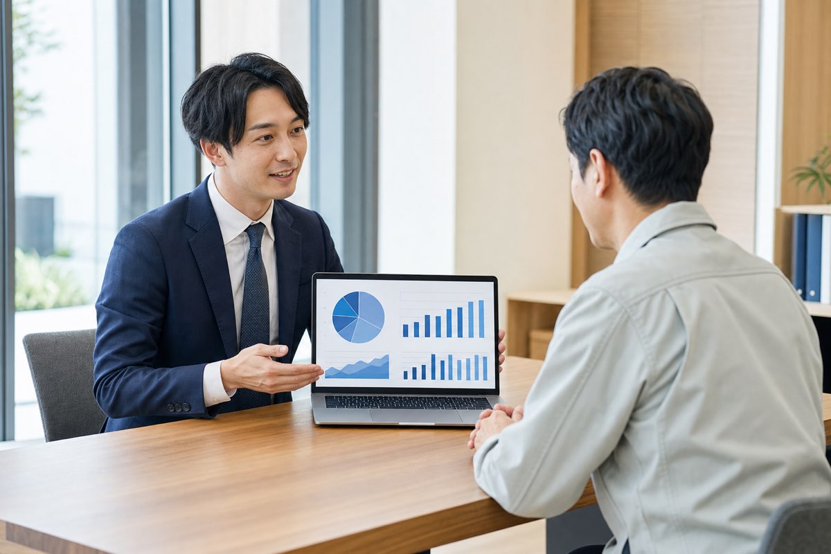 AIコンサルタントが中小企業の経営者に方針を説明する様子