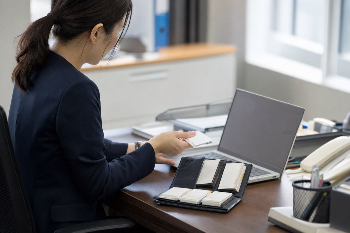 名刺の束を手にPCで整理する会社員