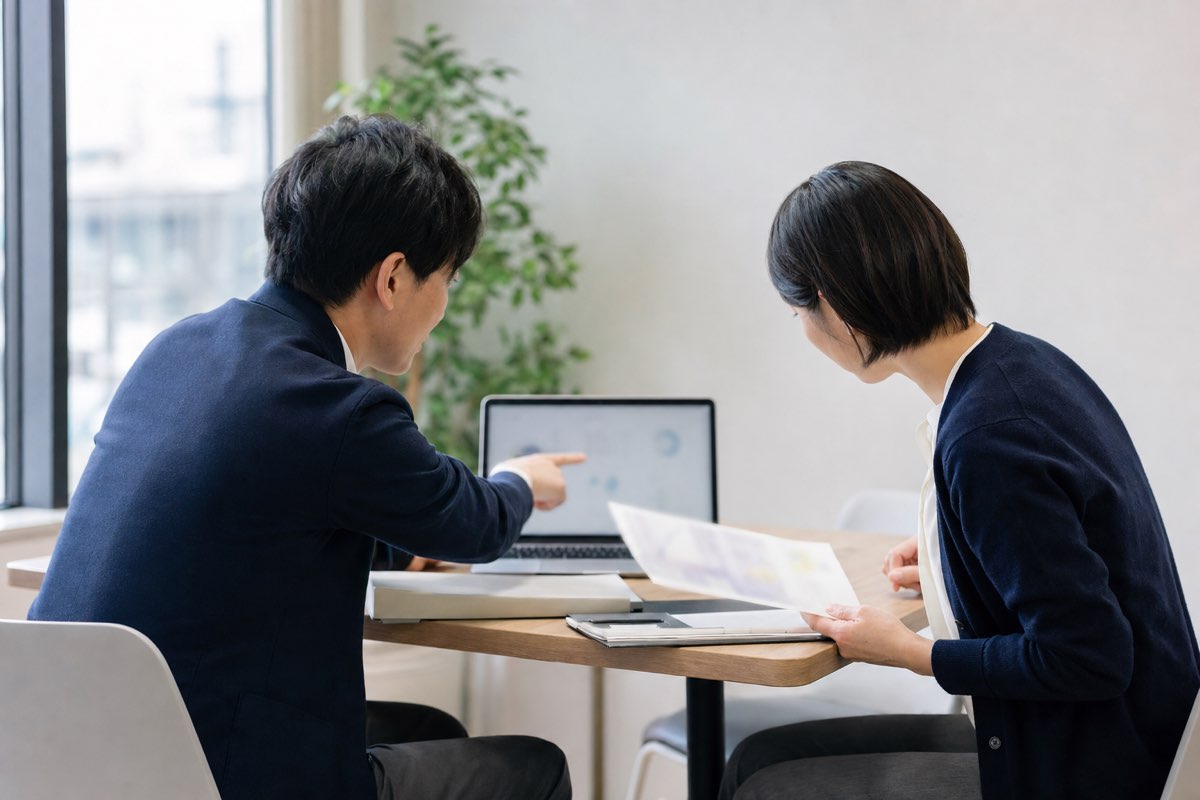 ノートPCと資料を見比べて検討する2人の会社員