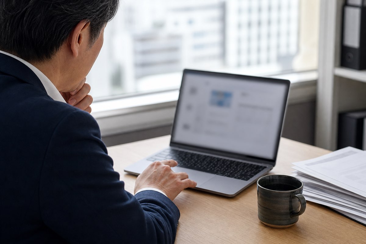 ノートPCの内容を確認してから実行を決めるオフィスの会社員