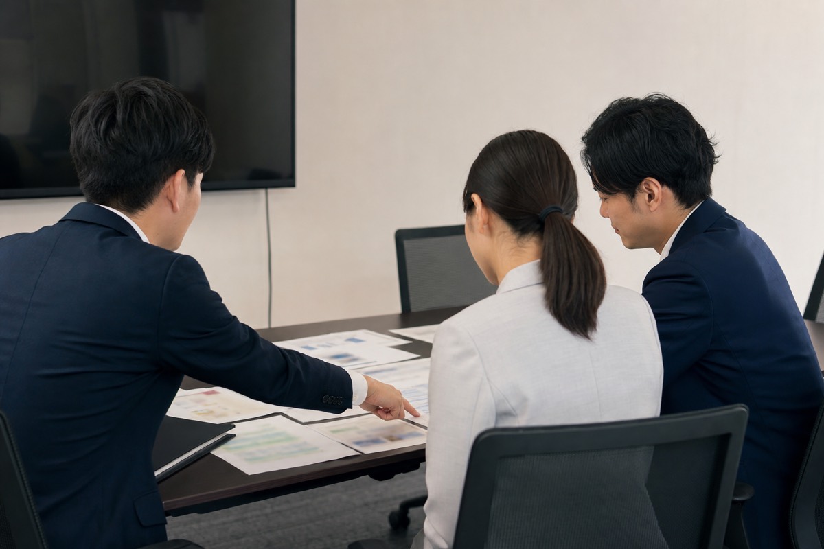 会議室で書類を広げて公開範囲を確認する3人