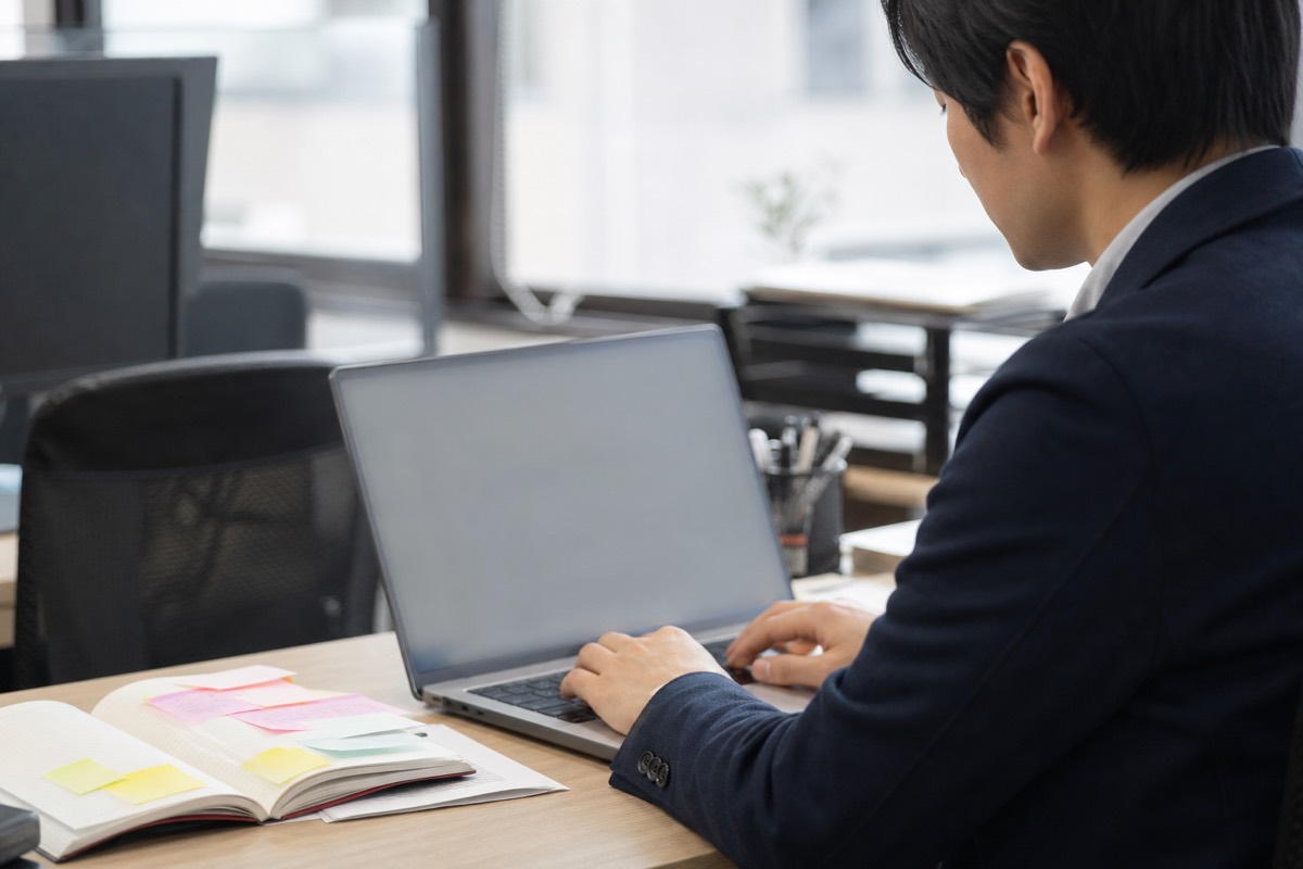 デスクでノートPCに指示文を打ち込む会社員