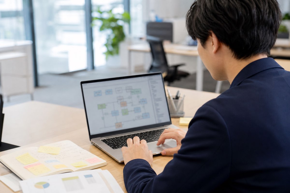 画面上でフローを組み立てる会社員