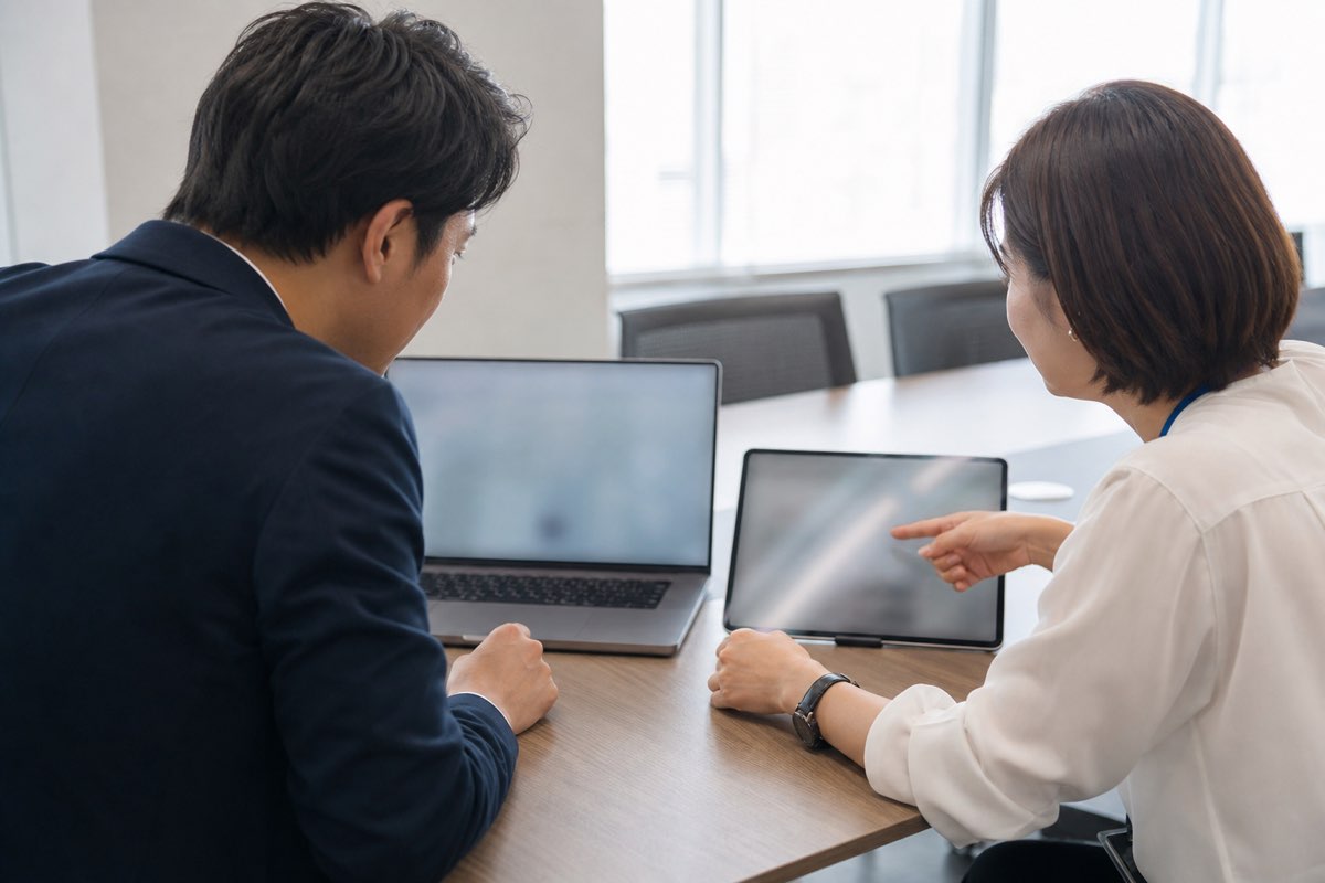 2台の端末を並べて比較検討する会社員