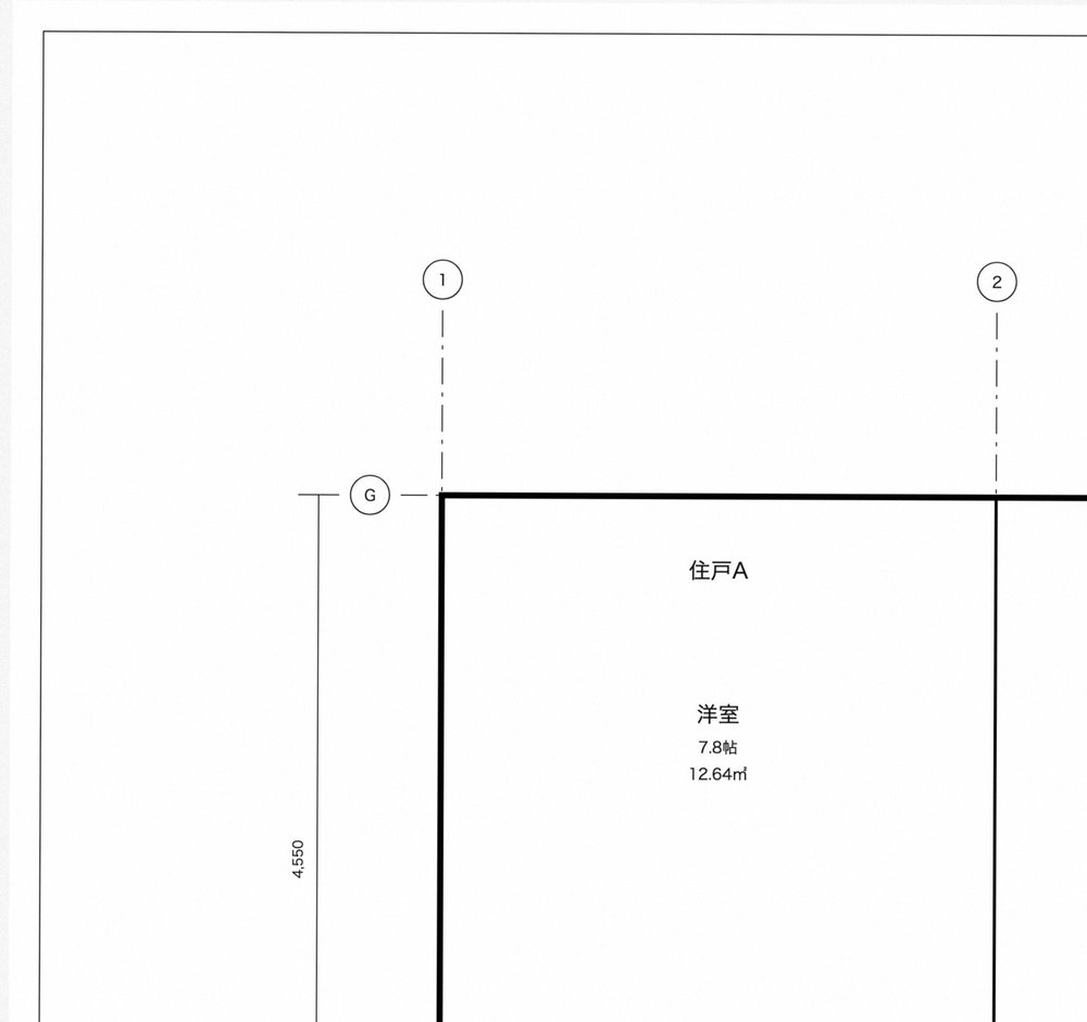 分割した左上のタイルを等倍で表示したもの。住戸Aの室名と帖数と面積が読める大きさで残っている