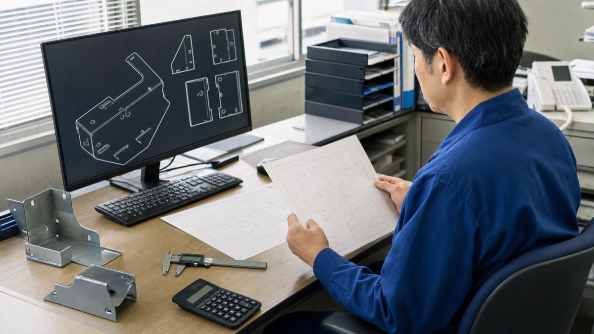 図面を見ながら見積を作成する製造業の担当者