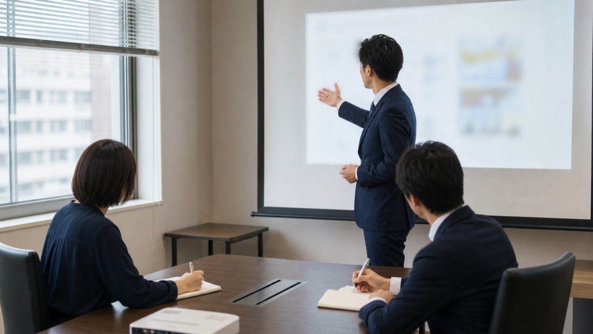 会議室でスライドを使って説明する会社員