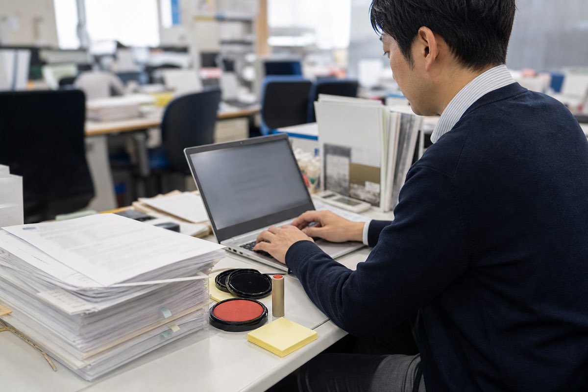 デスクで申請書を作成する会社員