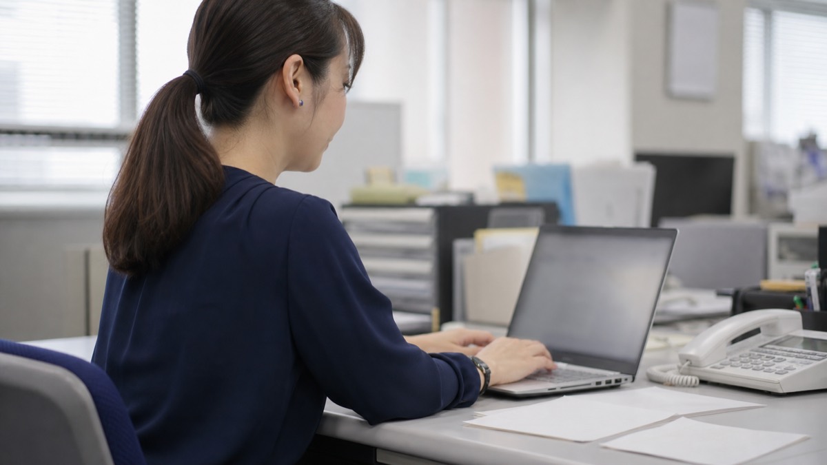 社内の問い合わせに対応する総務担当者