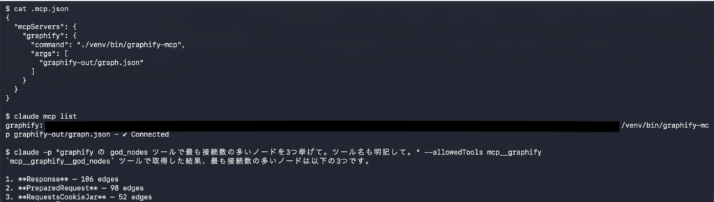 Claude Codeにgraphifyを接続したターミナル画面