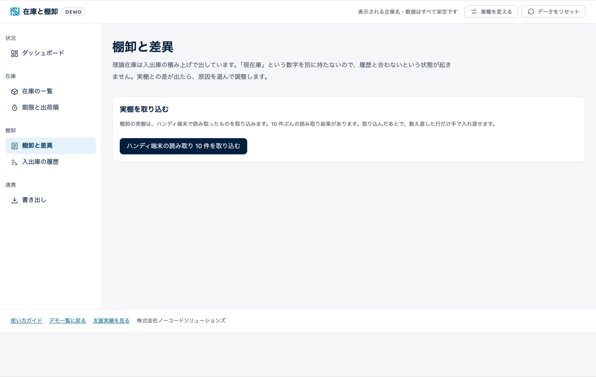 在庫と棚卸の差異追跡のデモ画面